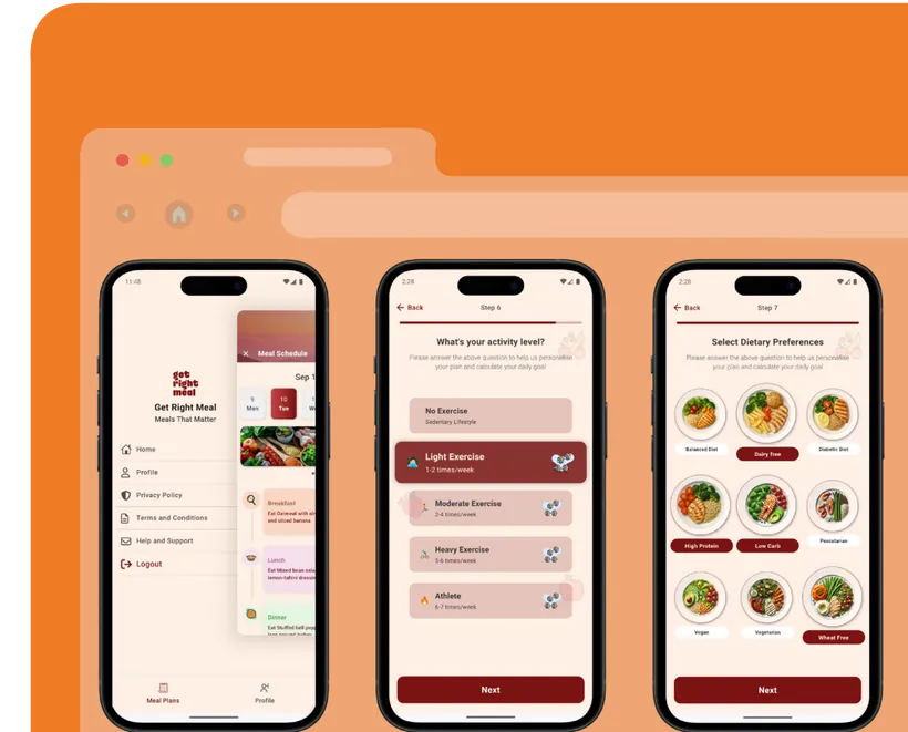 Get Right Meal app screens for activity level and dietary preferences