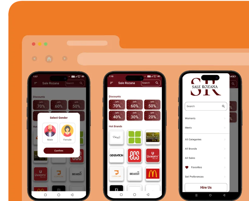 Sale Rozana shopping app screens with discounts and brands